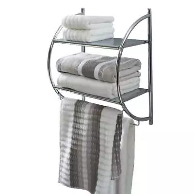 2 Tier Metal Wall Mount Shelf Rack With Towel Bars Chrome • $25.37