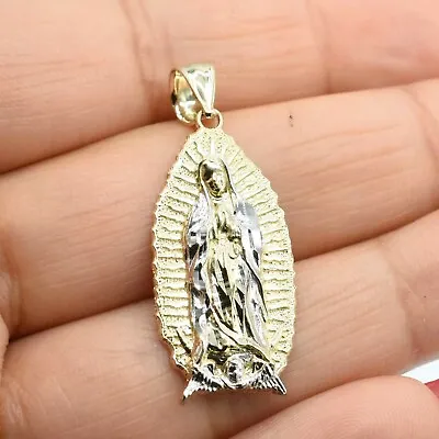 1 1/2  Two Tone Diamond Cut Virgin Mary Pendant Real Solid 10K Yellow White Gold • $148.49