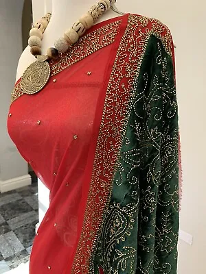 Bollywood Designer Sari Premium Quality Georgette Green Velvet Contrast With • £49.95