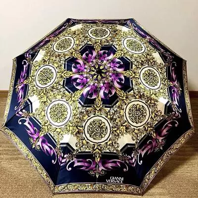 GIANNI VERSACE Folding Umbrella Vintage Gold Purple White Navy • $118.79