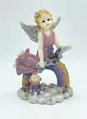 Vintage K's Collection Angel Floating On Rainbow W Dolly & Flowers 4.5” Figurine • $10.39