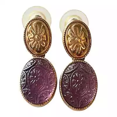 Museum Of Fine Arts EARRINGS Gold Purple Drop 1.25  MFA Floral Art Posts Vintage • $80