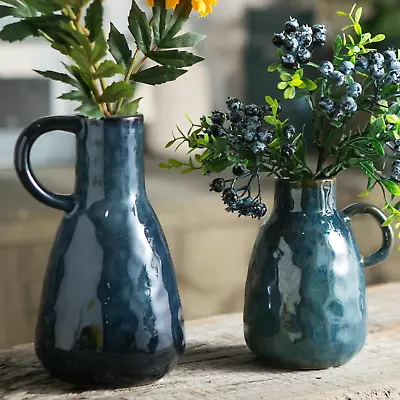 Ceramic Vase Set Of 2 Blue Glazed Small Pottery Vases With Handles Decorative  • $46.88