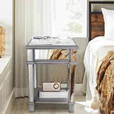 Mirrored End Table With Drawers & Shelf Glass Nightstand Accent Table Side Table • $123.93