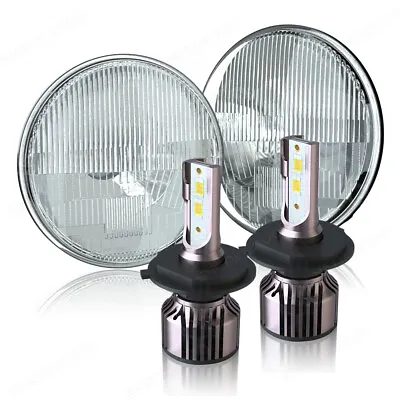 7  Stock Glass Lens Metal Headlight 12-Volt 6k LED H4 Light Bulb Headlamp Pair • $109.99