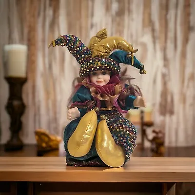 Porcelain Jester Doll Shelf Sitter Purple Pink Green Yellow • $19.99