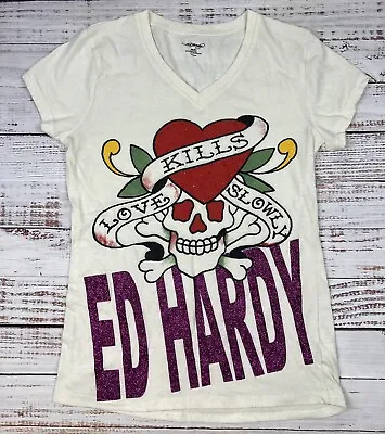 VTG Y2K Ed Hardy By Christian Audigier Skull Love Kills Slowly Glitter Shirt M • £26.98