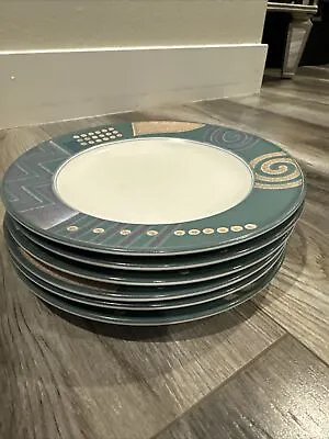 Mikasa Lifestyle Salad Plates 8 3/8  CAC18 Intaglio Tan Green Purple Set 6 • $75