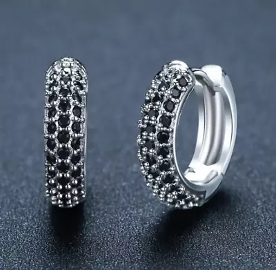 Dazzling Micro Pave 14K White Gold Plated 3 Row Black CZ Men Women Hoop Earrings • $12.95