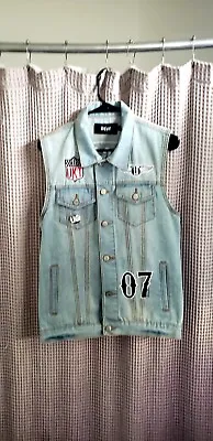 Unkut Denim Sleeveless Vest Biker Metal Punk Patches Button Up Size Large Htf • $29.24