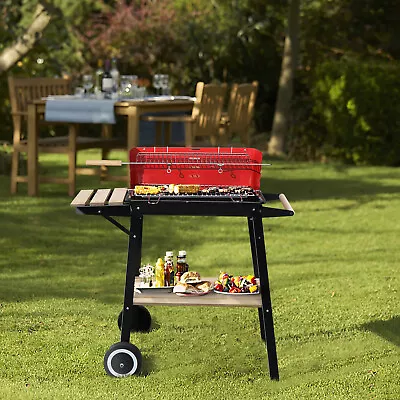 Charcoal Grill With 2 Wheels & Wooden Shelf For Outdoor Patio Backyard Grilling • $25.98