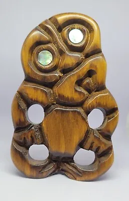 New Zealand Hand Carved Timber Wood Warrior PACIFIC TIKI Maori Vintage Shell Eye • $50