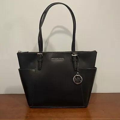 Michael Kors Charlotte Shoulder Tote Bag Purse MK Black Silver • $49.99