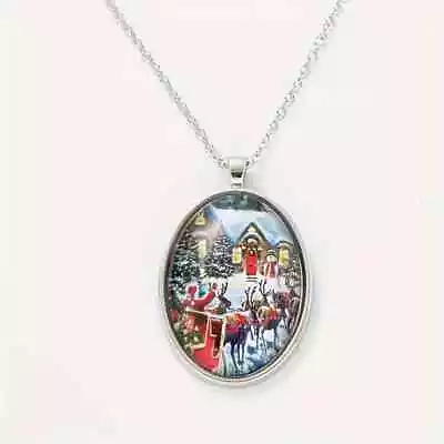 Santa Claus And Elk Oval Pendant Necklace • $11.88