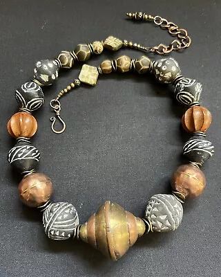 Tuareg Brass & Copper With Etched Spindle Whorl Clay Beads Moroccan Necklace. • $163.20