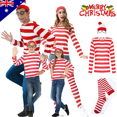 Women Men Kids Wheres Wally T-shirt Glasses Hat Socks Christmas Costume Cosplay • $23.99