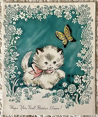 Vintage Cat Kitten Gold Butterfly Flower Turquoise Sky Greeting Card 1950s 1960s • $3.99