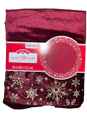 Christmas Tree Skirt 48  Burgundy Velvet Gold Colored Snow Flakes • $17.98