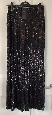 Marks And Spencer Sequin Wide Leg Trousers 12 Long Black Elasticated Waist Bnwt • £49.50