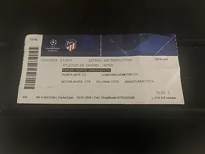 Ticket/stub Atletico Madrid - Inter  Uefa Champions League 2023/2024 • £29.99