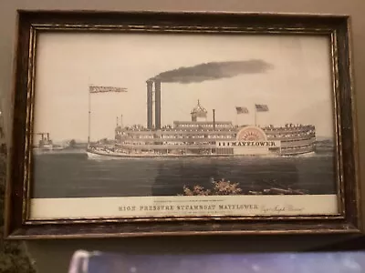 Framed Currier& Ives Print High Pressure Steamboat Mayflower  7”x 11”. • $8