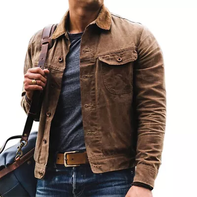 Men's Oil Waxed Canvas Jacket Motorcycle Vintage Slim Work Overalls Casual Coat • $31.16