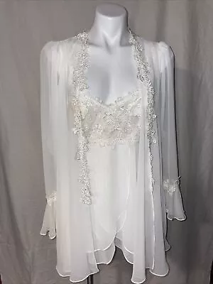 Vtg 80s FLORA NIKROOZ S Small Bridal Chemise Gown Robe Short Kimono Chiffon Lace • $89.99