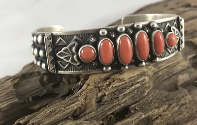 Native American Hand Made Mediterranean Coral And Sterling Silver Bracelet  • $600