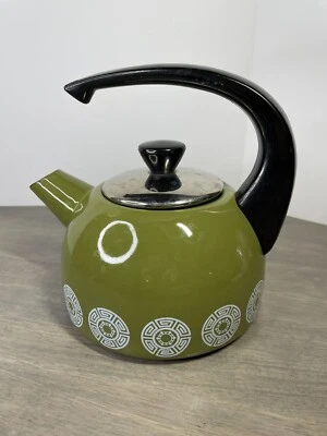 $19.95 • Buy Vintage RETRO GREEN ENAMEL TEAPOT With White Circles