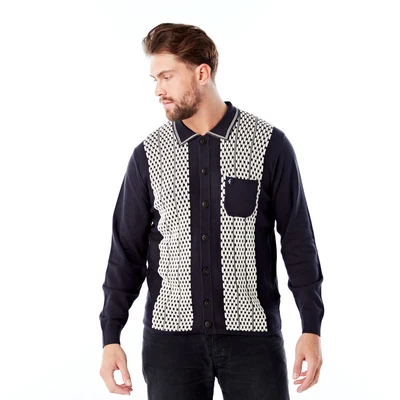 £44.95 • Buy Gabicci Law 60s Vintage Button Thru Navy And Cream Long Sleeve Polo Shirt