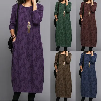 Maxi Dresses A-Line Dress Kaftan Dress Long Sleeve T Shirt Dress Pockets Retro • $9.89