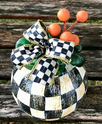 MY OWN Hand Painted Courtly Art Glass Mini Pumpkin- Black & White Check Bow • $18.99