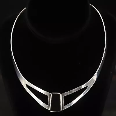 VTG Sterling Silver MEXICO TAXCO Onyx Statement 15  Heavy Collar Necklace - 45g • $24.03