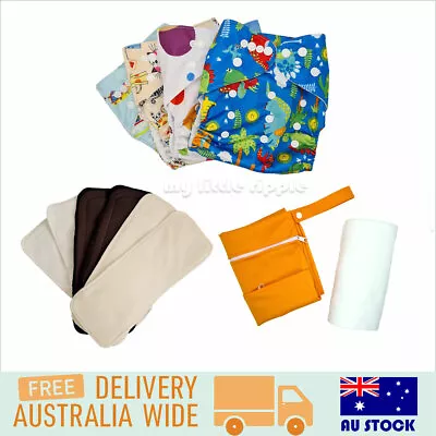 Baby Cloth Nappy Starter Bundle + Bamboo Inserts + Flushable Liners + Wet Bag • $50.99