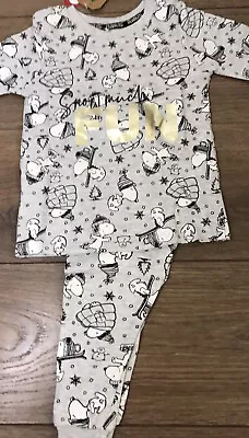 SNOOPY Baby Grey Christmas Pyjamas With Gold FUN On Front Age 12-18 Months   • £8.50