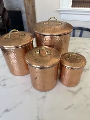 Hammered  Vintage Copper Canister Set 4 Of Stainless Steel Insidebrass Handles • $38