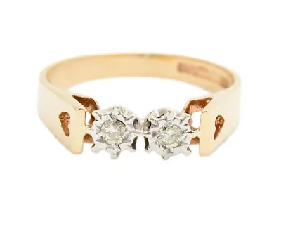 Vintage 9ct Gold Ring Double Diamond Set With Twin Mounts & Heart Detail • $212.16