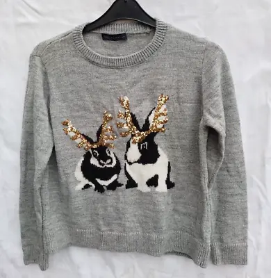 Women's M & S Grey Rabbit Sequin Christmas Jumper Size M (Medium) 12 14 • £22