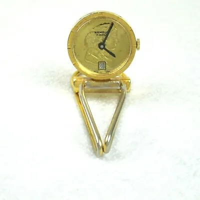 Vintage NAMRUF 17 Jewels Money Clip Pocket Watch Goldtone Date Mechanical RARE • $69.99