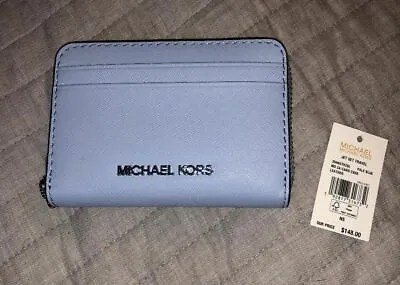 Michael Kors Money Pieces Zip Around Card Case Wallet Leather Pale Blue • $80