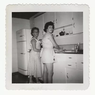 Two Women Looking Over Shoulder Washing Dishes Vintage Kitchen Interior Photo • $5.60