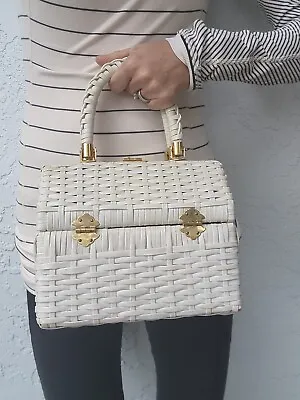 VTG 1950's Magid White Wicker Handbag Purse With Gold Hardware • $47