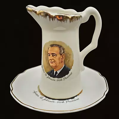 McCoy Pottery Creamer Pitcher Saucer Plate MCM Lyndon B Johnson 36th President • $48.03