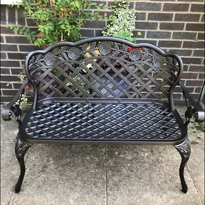 2 Seater Metal Garden Bench Outdoor Patio Seat Furniture Cast Aluminium Black • £147.80