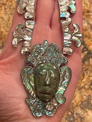 Beto Of Taxco Mexico Sterling Silver & Abalone + Turquoise Face Pendant Necklace • £411.31