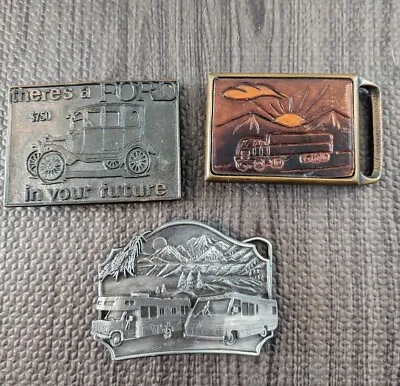 Vintage Lot Of 3 Brass Metal Belt Buckles Semi Truck Siskiyou RV Ford • $26.99