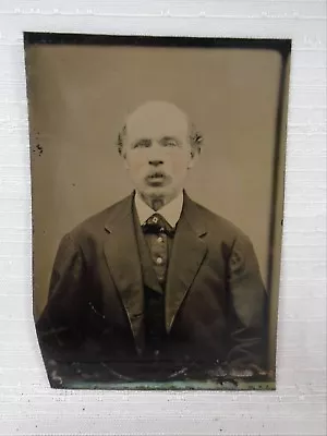 Antique Tintype Photo Bald Man With Moustache Great Fashion Suit & Neck Tie • $14.77