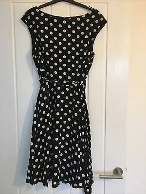 Wallis Dress Size 10 Black & White Polka Dot Lined With Tie Waist • £9