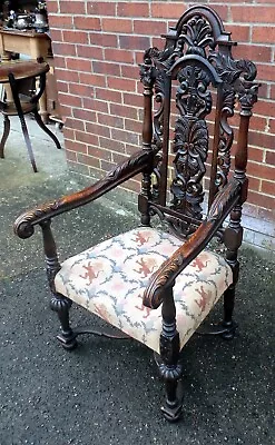 £245 • Buy Victorian Antique Jacobean Revival Solid Carved Oak Throne Elbow Armchair Chair