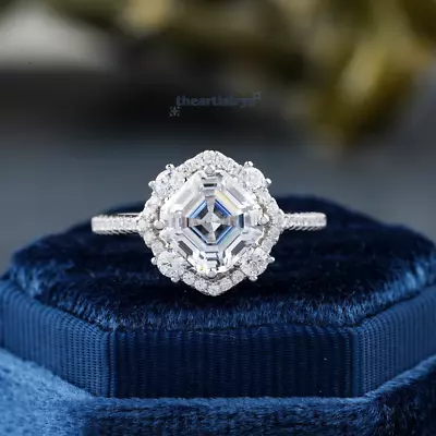 Asscher Cut 2 Carat Moissanite Halo Engagement Ring Solid 14k White Gold VVS1 • $239.94